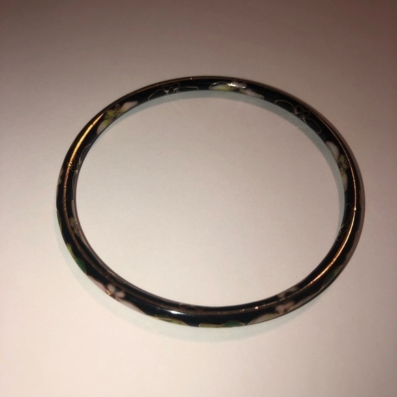 VTG Chinese Cloisonné Enamel Floral Pink Flower Green Leaves Black Bangle 8” - Picture 4 of 4